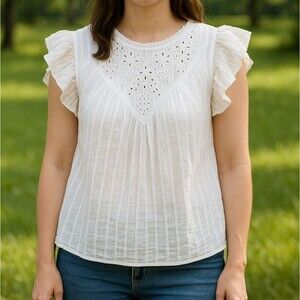 Universal Thread | Women White Eyelet Ruffle Sleeve Top L Cottagecore Bohemian